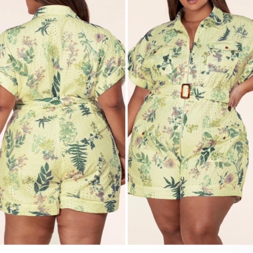 Flower Eyelet Short Sleeve Zip-Front Romper